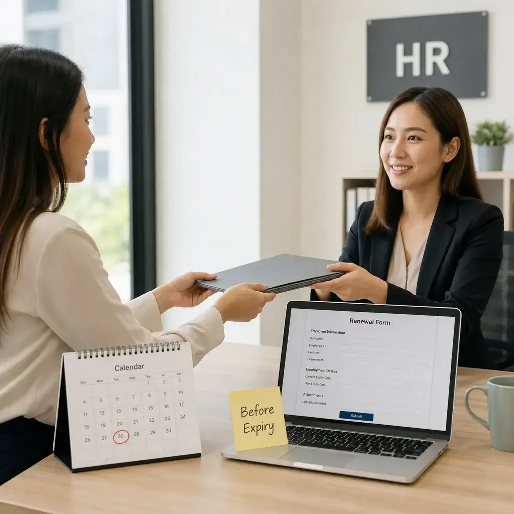 Employer Specific Work Permit Application Canada: Guide 5 An employee and HR reviewing a work permit change and extension before expiry.
