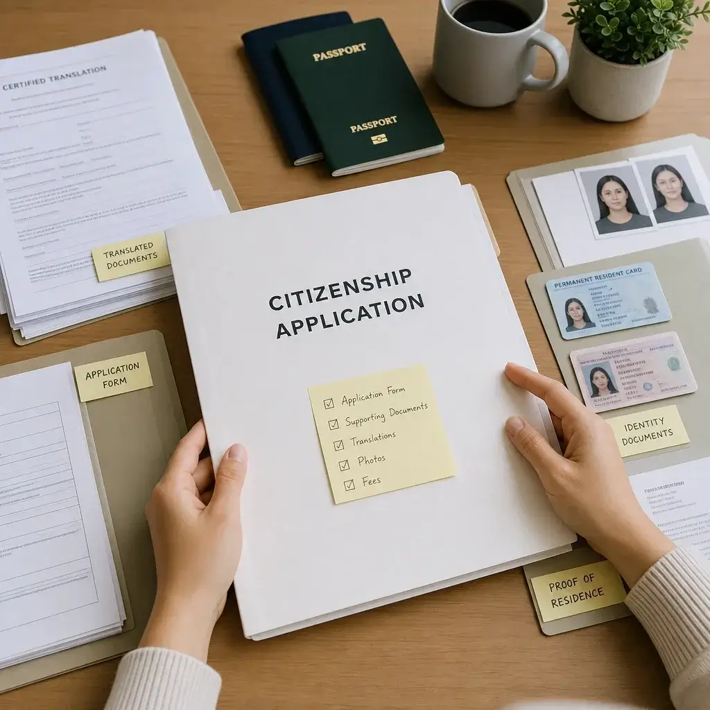 Canadian Citizenship Process: Eligibility, Steps, Test & Timeline 3 Neatly arranged documents needed before applying for citizenship.