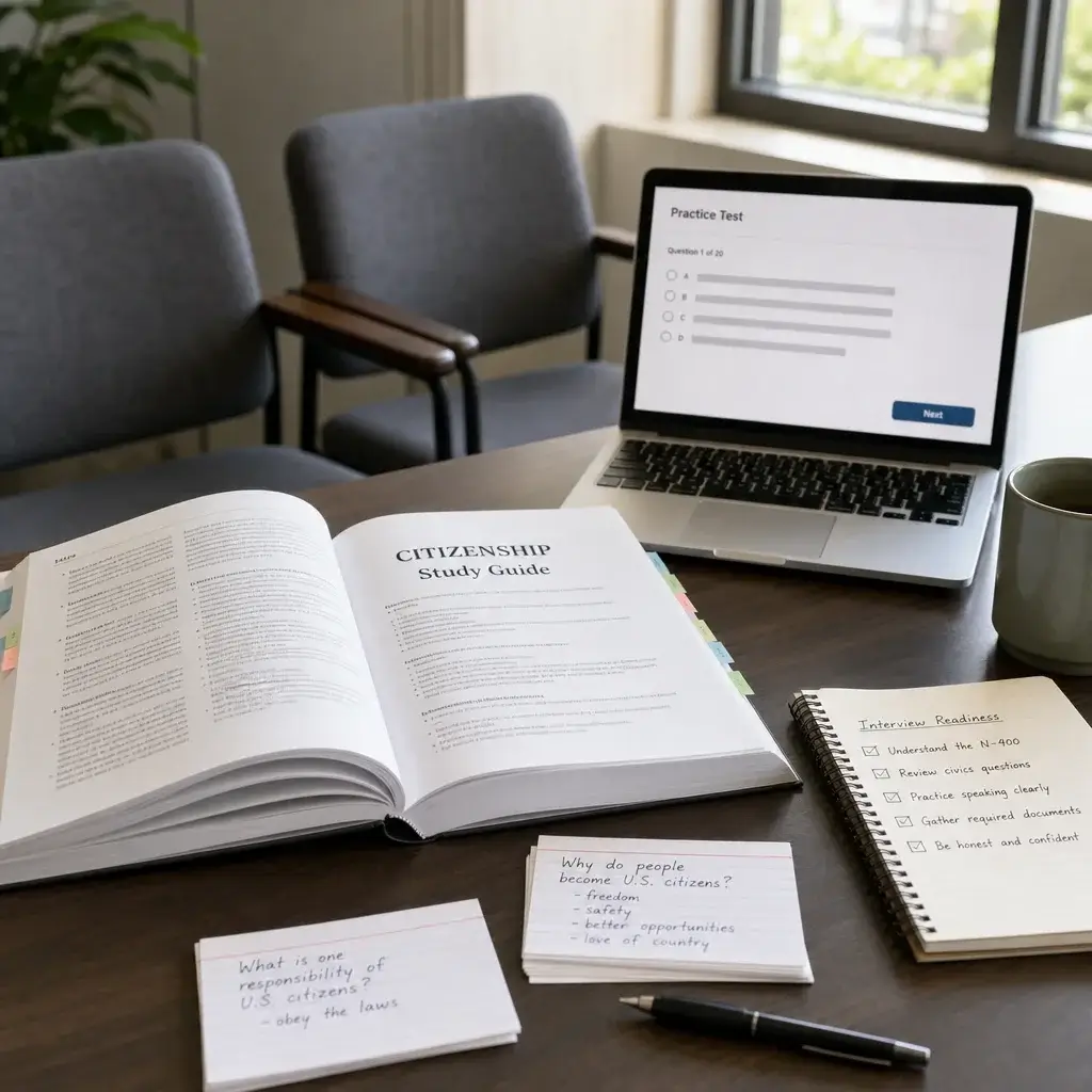 Canadian Citizenship Process: Eligibility, Steps, Test & Timeline 8 Study materials and interview setup for the Canadian citizenship test.