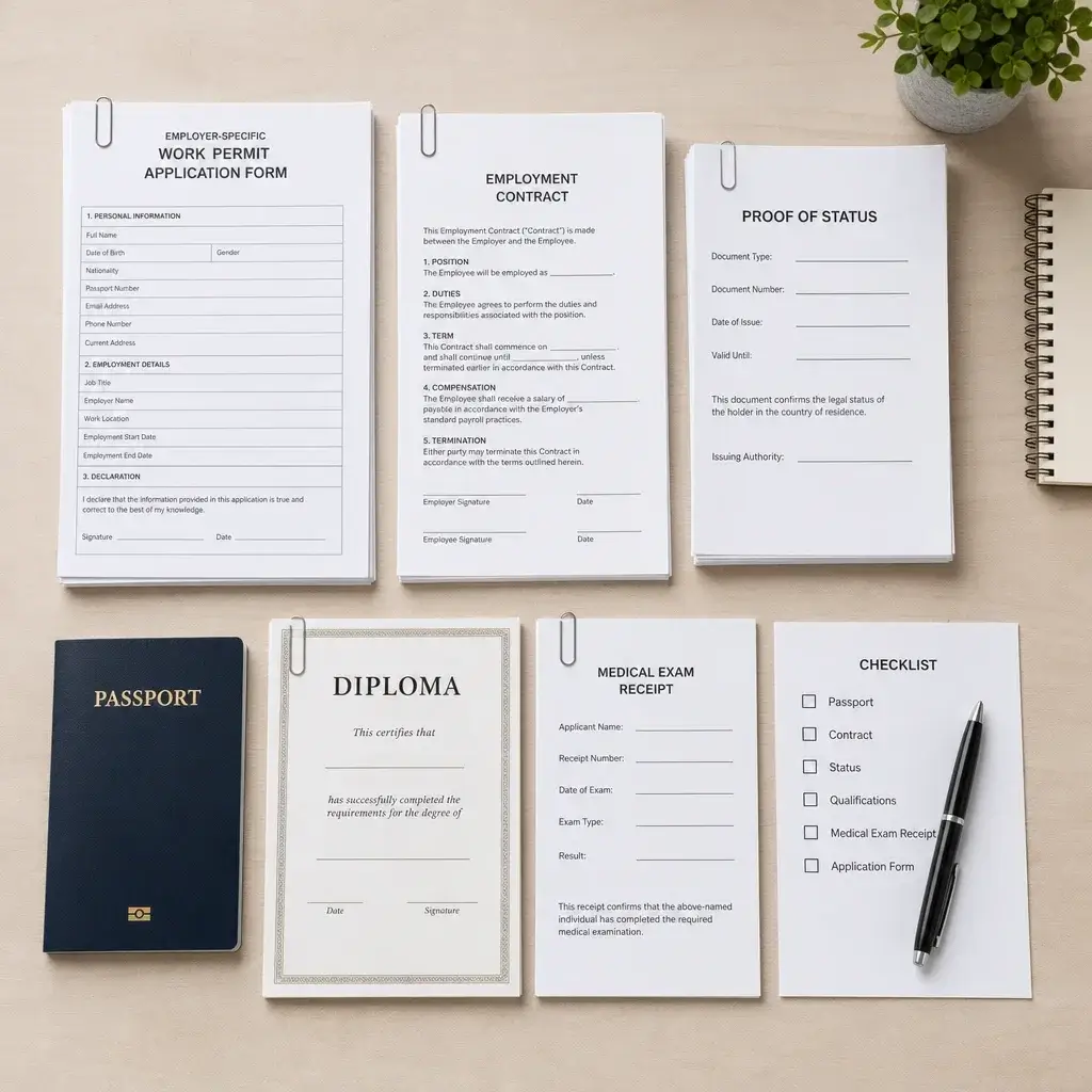 Employer Specific Work Permit Application Canada: Guide 1 A neatly arranged set of documents needed for a work permit application.