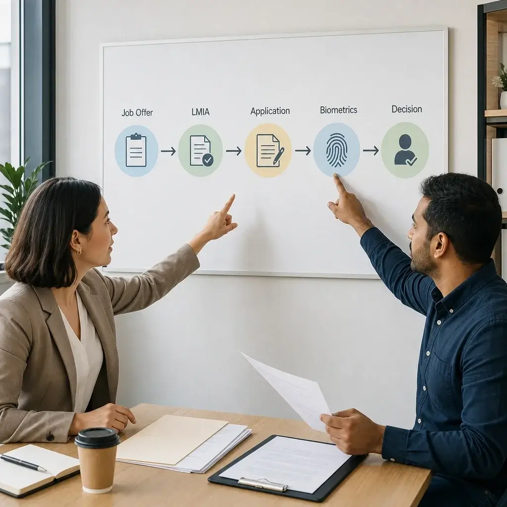 Employer Specific Work Permit Application Canada: Guide 2 An employer and worker reviewing the steps in a work permit application workflow.