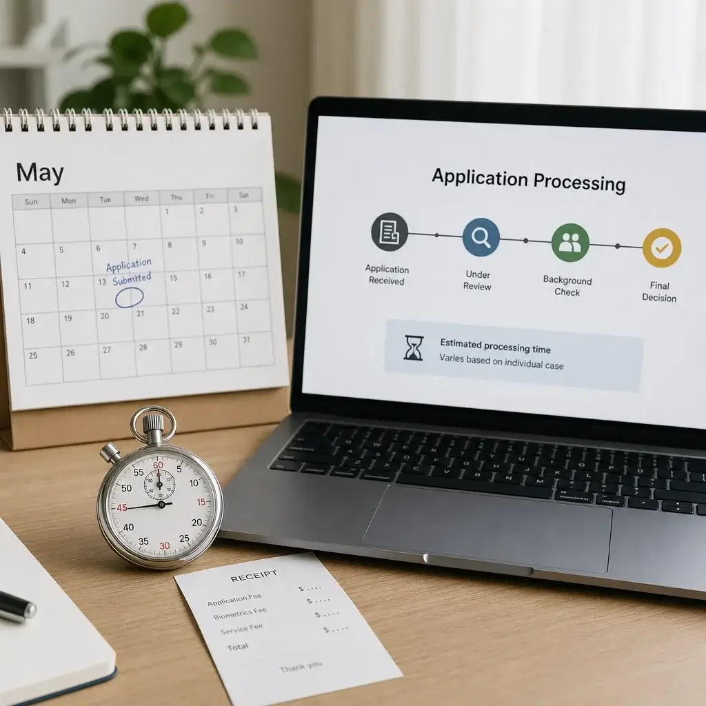 Canadian Citizenship Process: Eligibility, Steps, Test & Timeline 6 Calendar, receipt, and timeline chart representing fees and processing time.