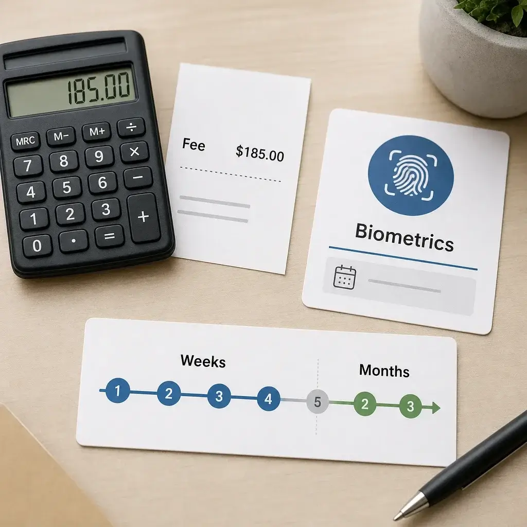 Employer Specific Work Permit Application Canada: Guide 3 A simple visual explaining fees, biometrics, and processing time.