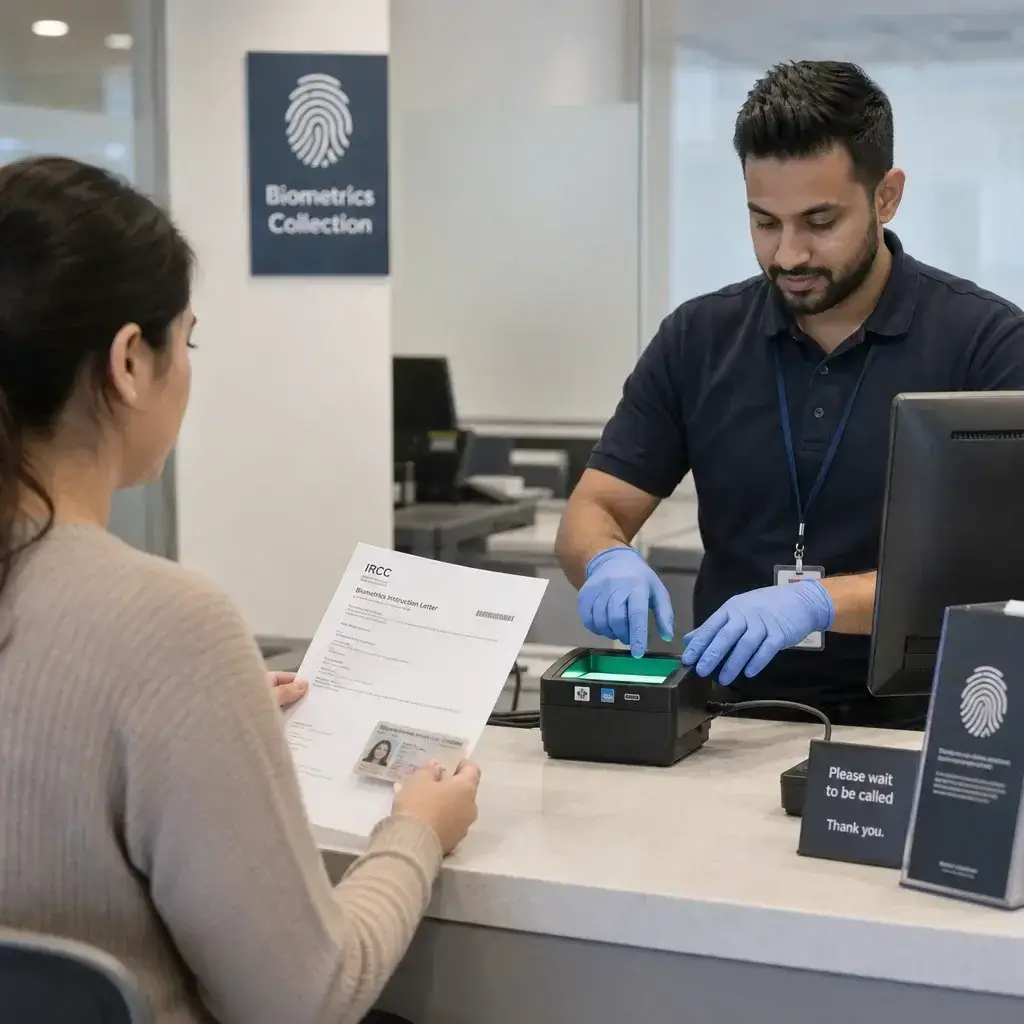Background Check for Citizenship in Canada: What IRCC Checks 2 An applicant at a fingerprint collection appointment with documents and staff assistance.