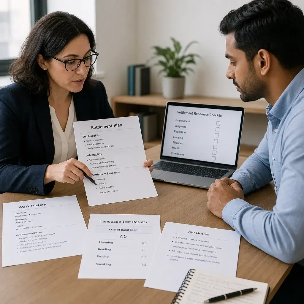 MPNP Application Status: What “Assessment in Process” Means 3 A consultant and applicant reviewing documents related to employability, language, and settlement planning.