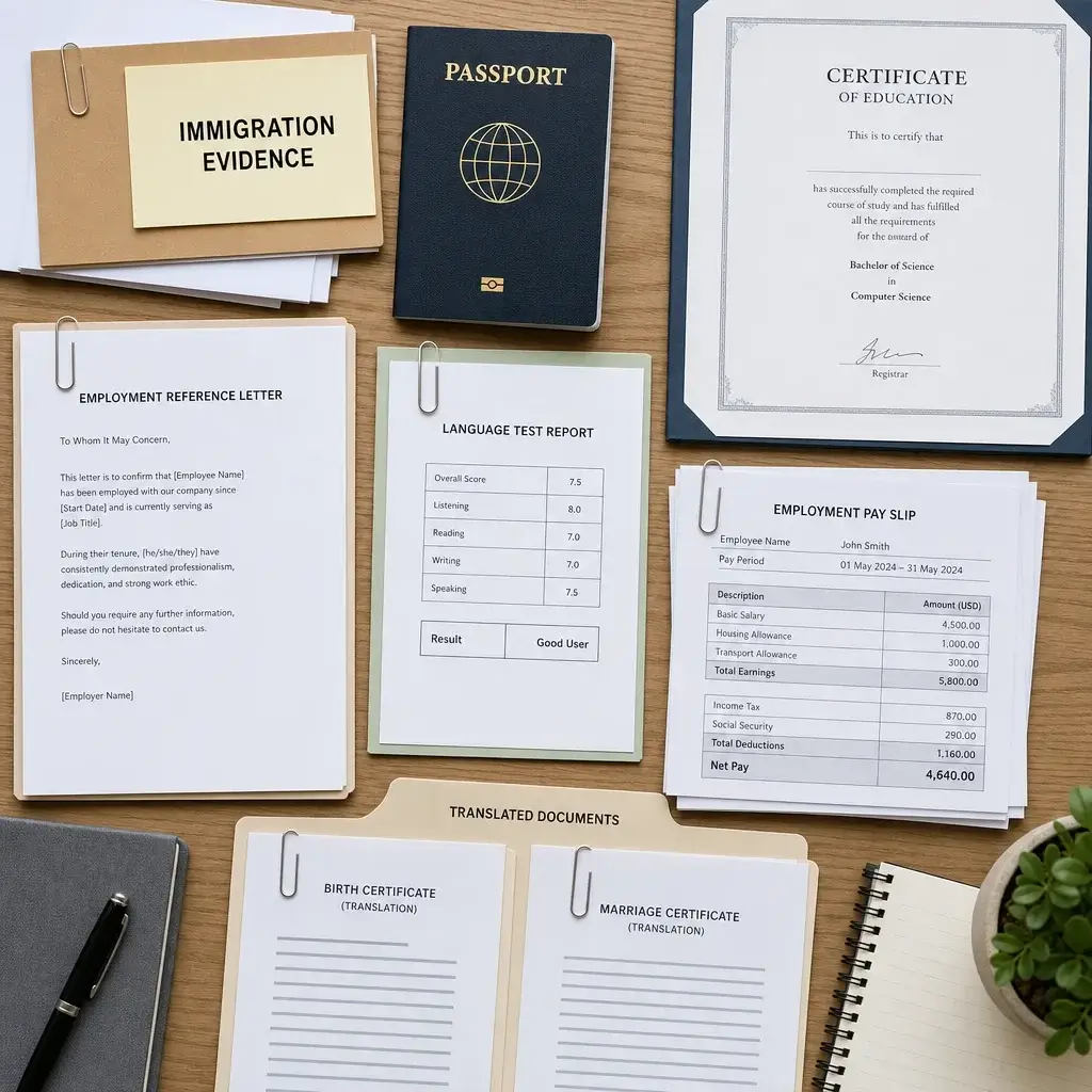 MPNP Application Status: What “Assessment in Process” Means 4 A neatly arranged set of passports, certificates, work letters, and other supporting documents.