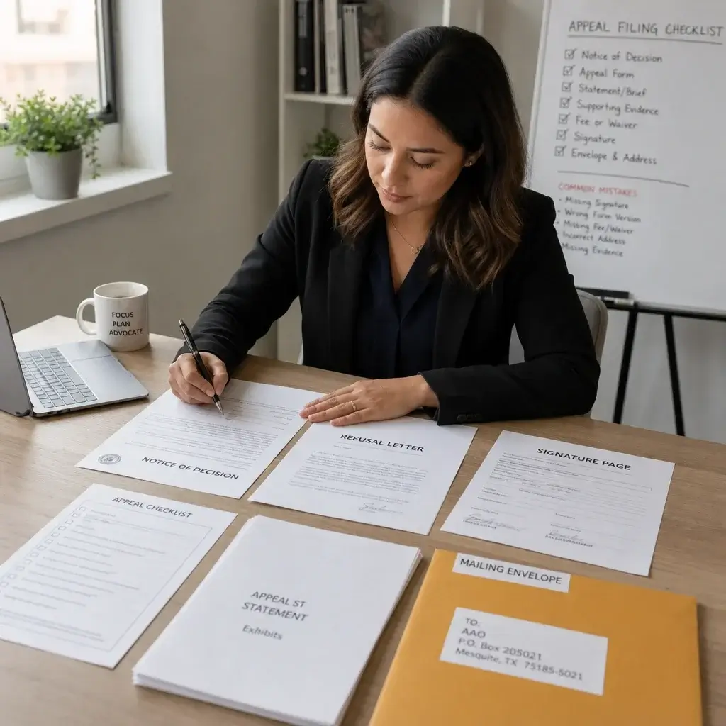 Appeals of Refused Spousal Sponsorship Applications in Canada 2 A caseworker preparing a notice of appeal and required documents for filing.