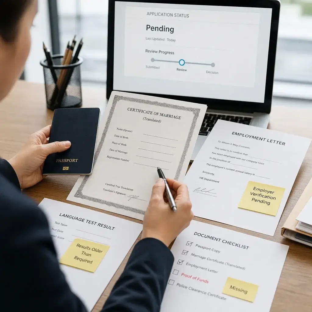 OINP Application Status Stages Explained: Process, Assessment & Next Steps 5 Reviewer comparing documents to explain common reasons for OINP delays.