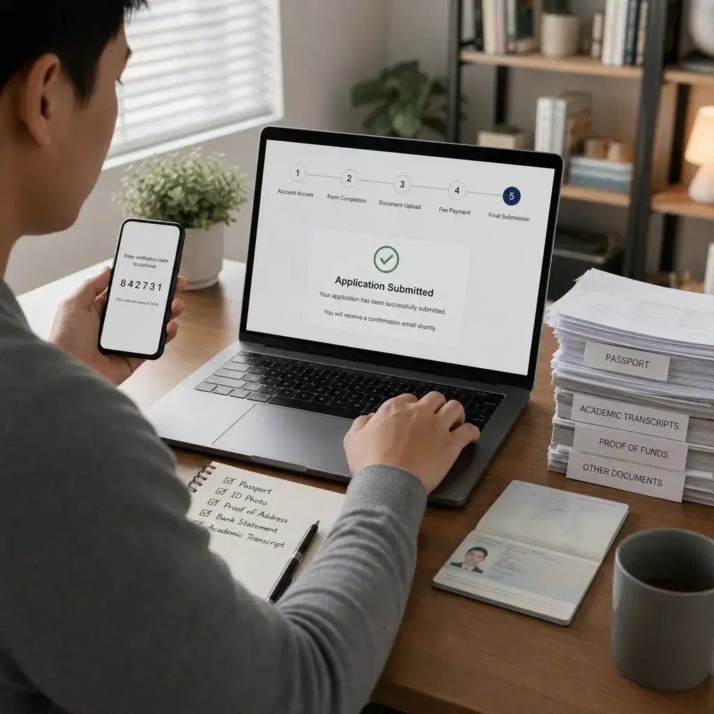 OINP Application Status Stages Explained: Process, Assessment & Next Steps 2 Applicant using a laptop to upload and submit documents in the portal.