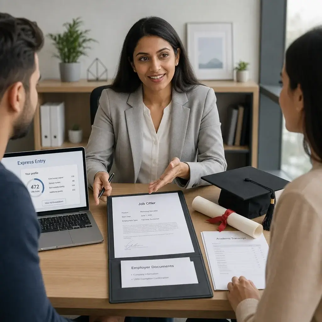 OINP Application Status Stages Explained: Process, Assessment & Next Steps 1 Desk scene comparing Express Entry, job offer, and graduate pathways.