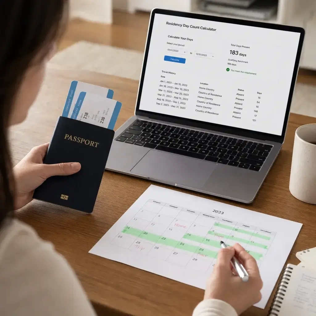 Canadian Citizenship Process: Eligibility, Steps, Test & Timeline 1 Person counting physical presence days using travel records and a calendar.