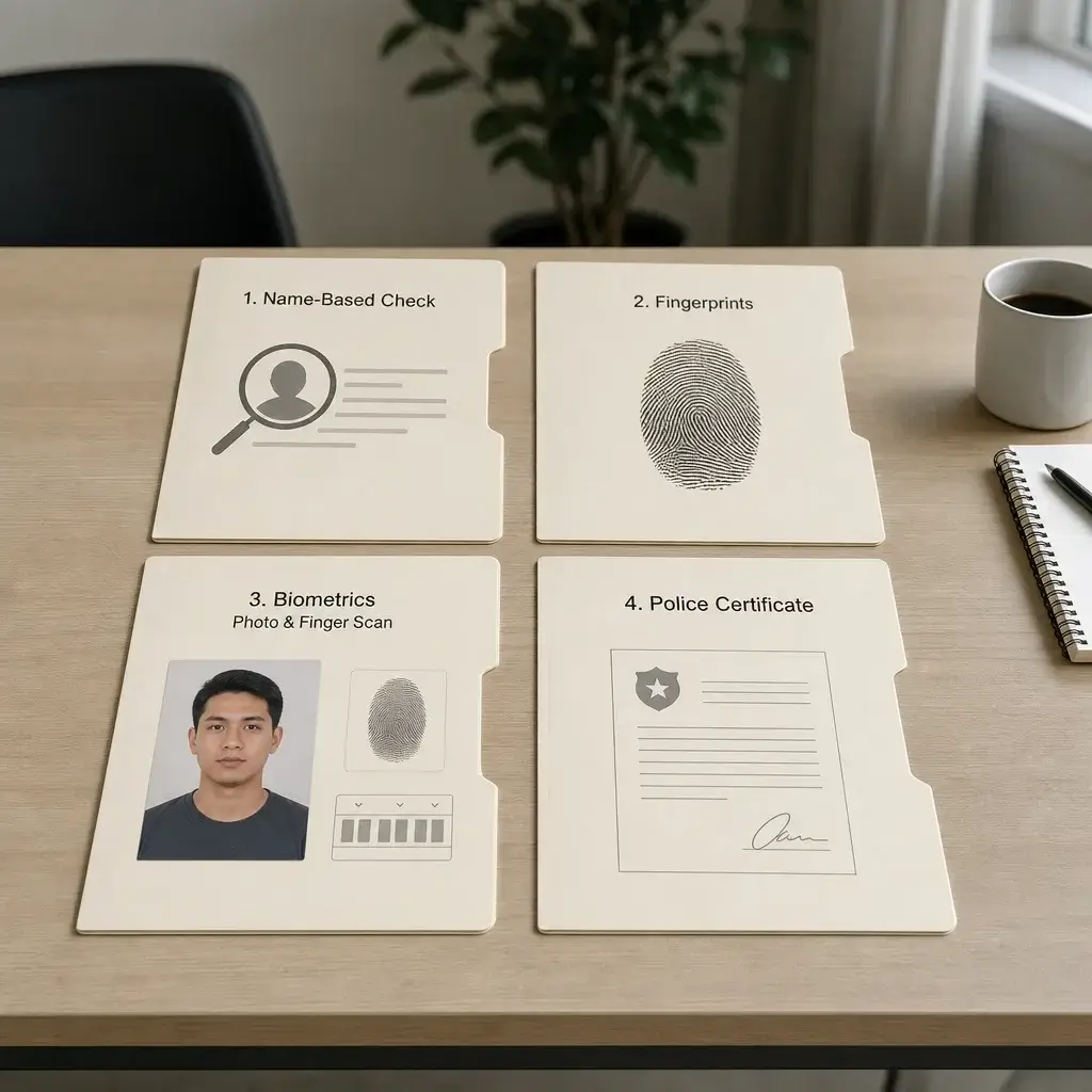 Background Check for Citizenship in Canada: What IRCC Checks 1 A visual comparison of name checks, fingerprints, biometrics, and police certificates.