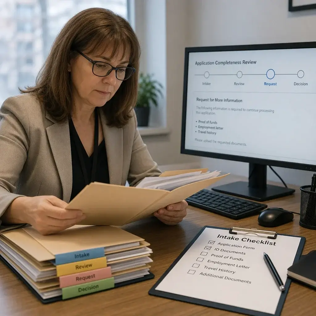 SINP Step-by-Step Process: Application Stages, Statuses & Next Steps 6 An immigration officer reviewing a SINP file during intake and assessment.