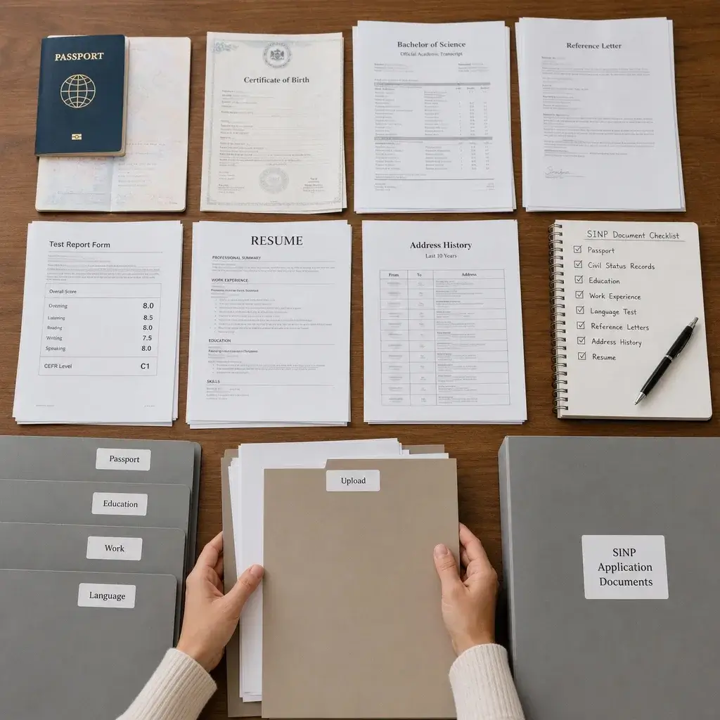 SINP Step-by-Step Process: Application Stages, Statuses & Next Steps 2 A neatly organized set of immigration documents prepared for a SINP application.