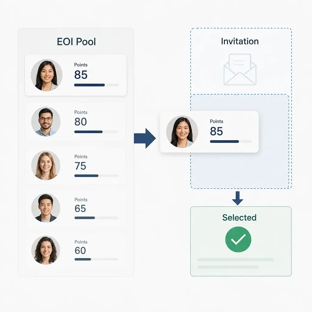 SINP Step-by-Step Process: Application Stages, Statuses & Next Steps 3 A simple infographic showing an EOI pool, points ranking, and invitation selection.