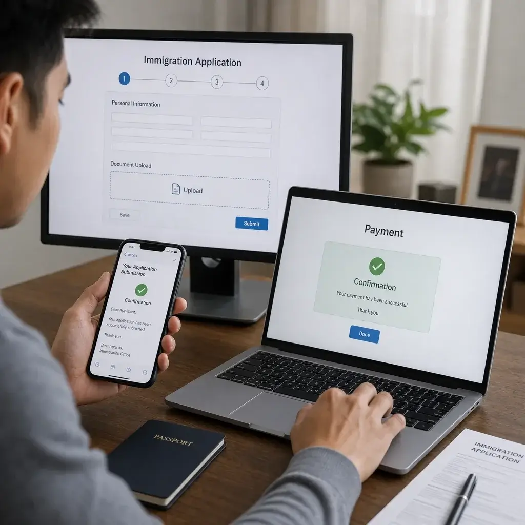 SINP Step-by-Step Process: Application Stages, Statuses & Next Steps 4 An applicant submitting an online SINP application through a portal on a laptop.
