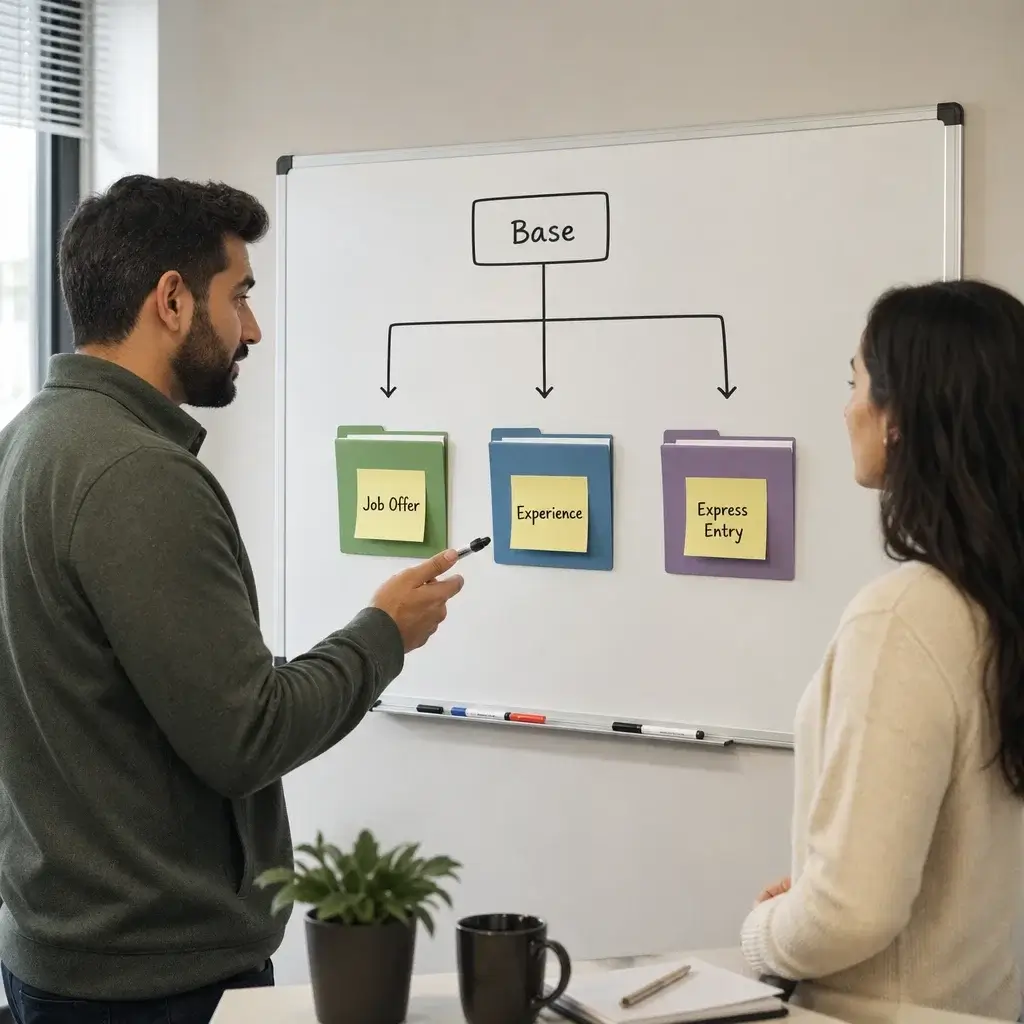 SINP Step-by-Step Process: Application Stages, Statuses & Next Steps 1 An advisor and applicant reviewing a decision tree for choosing the right SINP pathway.