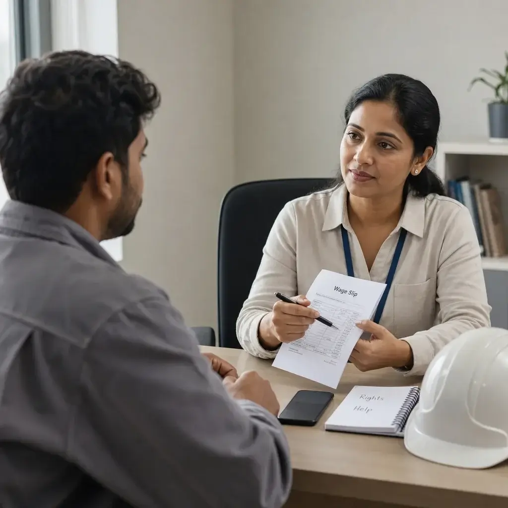 Employer Specific Work Permit Application Canada: Guide 8 A worker discussing rights and employer concerns with a support advisor.