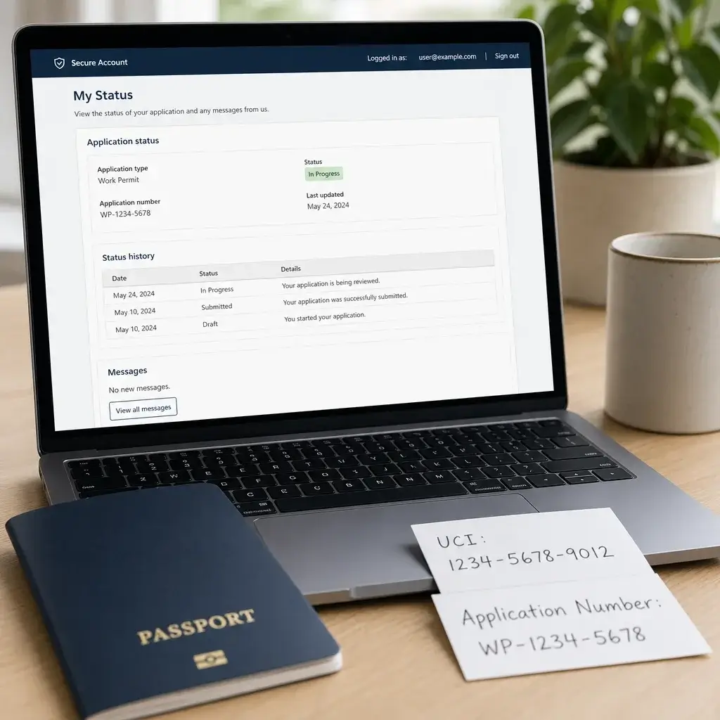 IRCC Timings: Processing Times, Call Hours & Delay Help 4 Laptop status portal beside passport, UCI, and application number notes.
