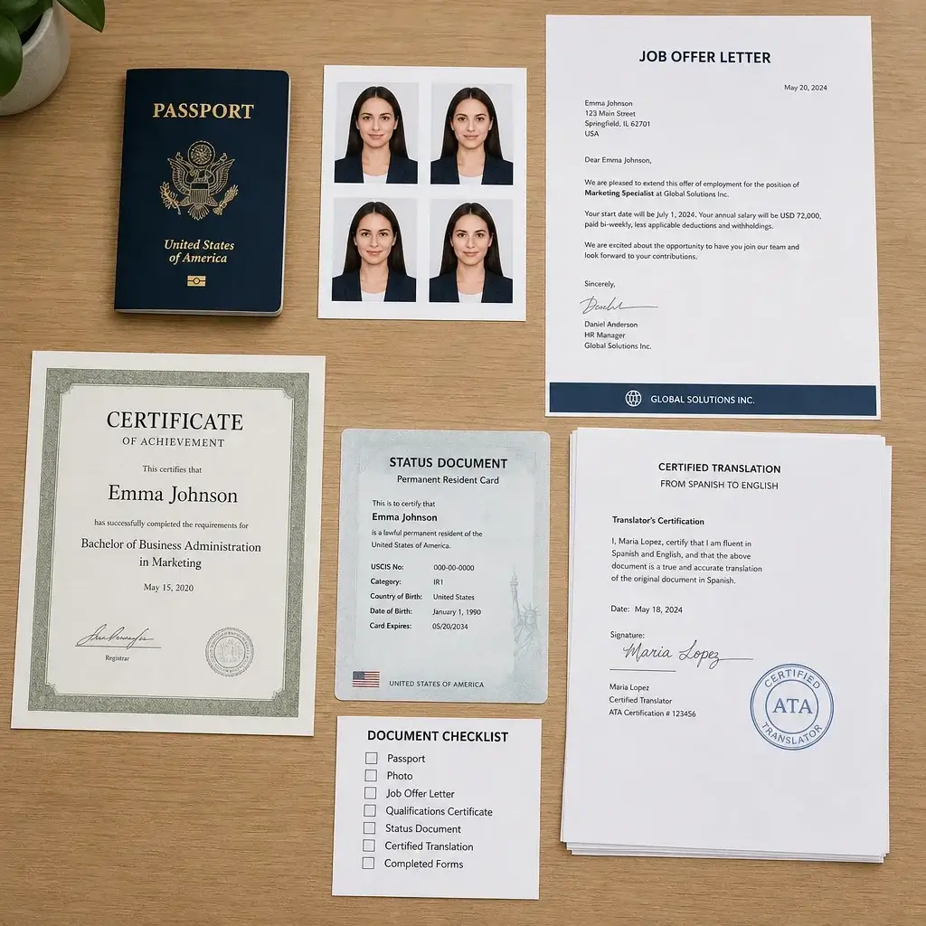 Closed LMIA-Exempt Work Permits in Canada: Who Qualifies and How to Apply 6 A flat lay of documents needed for a closed LMIA-exempt permit.