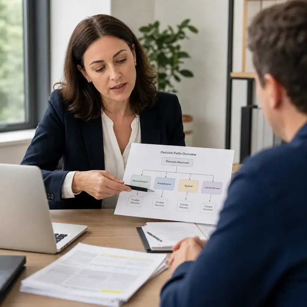 IRCC Reconsideration Request After Refusal: Process, Timing & Next Steps 1 A consultant pointing to a decision tree comparing reconsideration, reapplication, appeal, and judicial review.