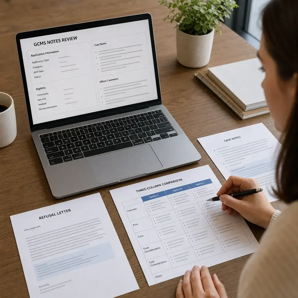 IRCC Reconsideration Request After Refusal: Process, Timing & Next Steps 6 A person comparing GCMS notes, refusal reasons, and original evidence at a desk.