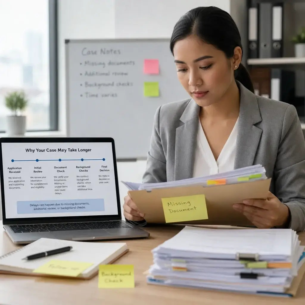 IRCC Timings: Processing Times, Call Hours & Delay Help 1 Case worker reviewing a file timeline with documents and notes.