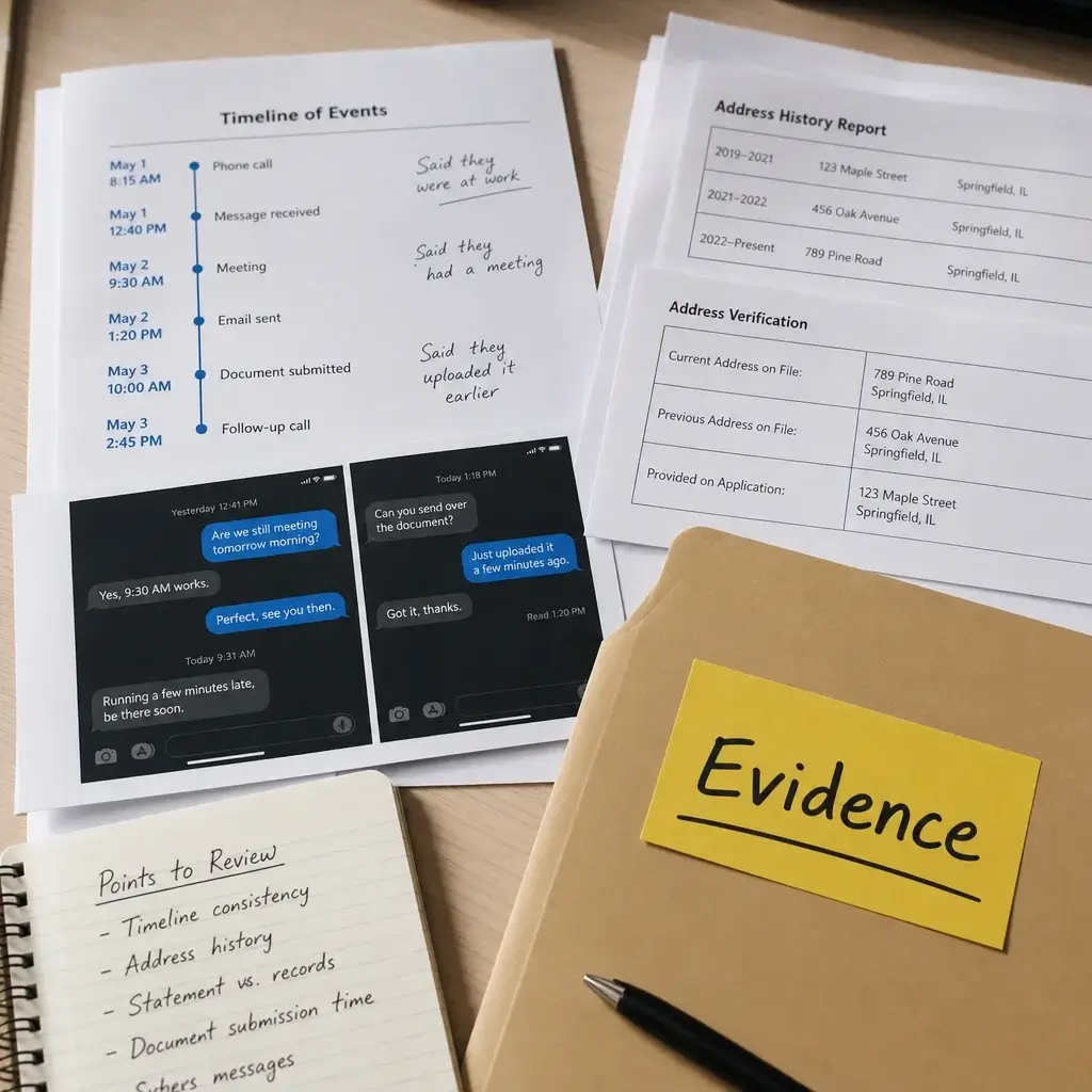 Permanent Residence After Divorce in Canada: What Changes and What Doesn’t 6 An evidence review scene showing how inconsistencies can raise misrepresentation concerns.