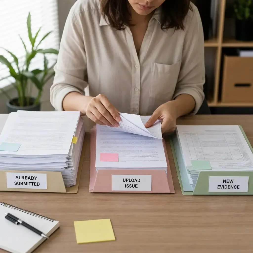 IRCC Reconsideration Request After Refusal: Process, Timing & Next Steps 5 A person sorting documents into stacks for already submitted, upload issue, and new evidence.