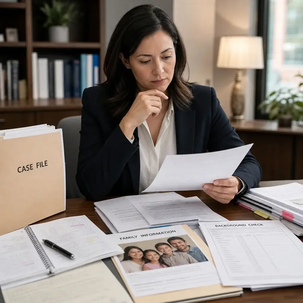 IRCC Timings: Processing Times, Call Hours & Delay Help 6 Case file with medical, family, and background-check documents on a desk.