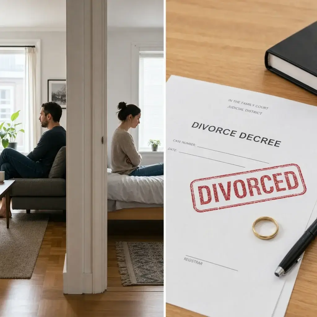 Permanent Residence After Divorce in Canada: What Changes and What Doesn’t 1 A split image showing separation versus divorce in the Canadian context.