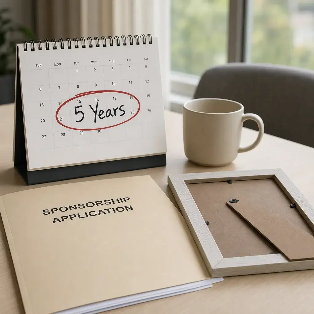 Permanent Residence After Divorce in Canada: What Changes and What Doesn’t 10 A calendar and sponsorship folder illustrating the five-year wait before sponsoring a new spouse.