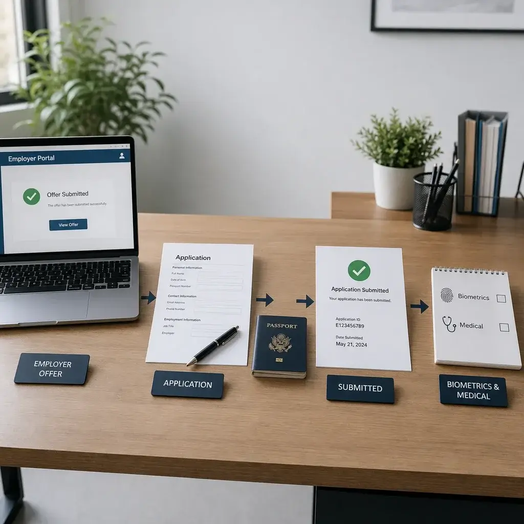 Closed LMIA-Exempt Work Permits in Canada: Who Qualifies and How to Apply 5 A step-by-step work permit application workflow on a desk.