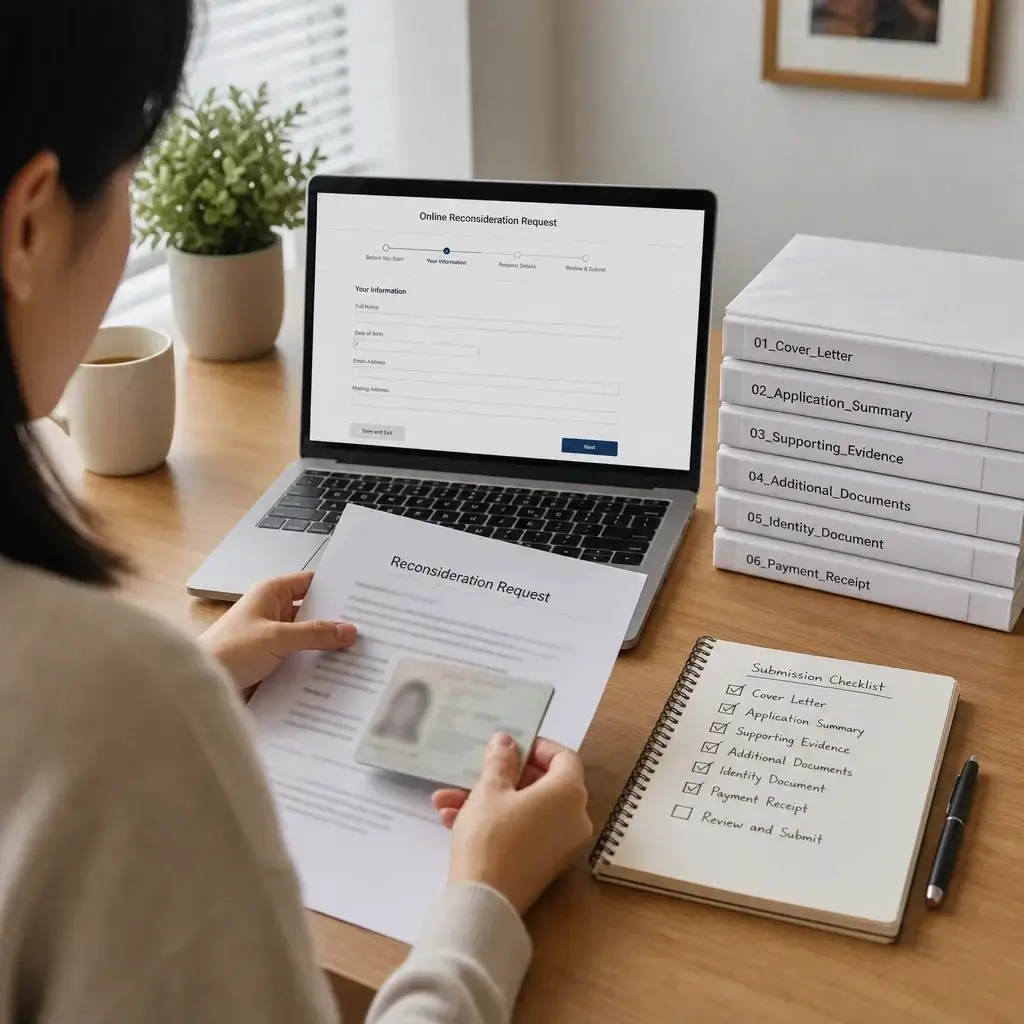 IRCC Reconsideration Request After Refusal: Process, Timing & Next Steps 3 A person organizing documents and submitting a reconsideration request through an online webform.