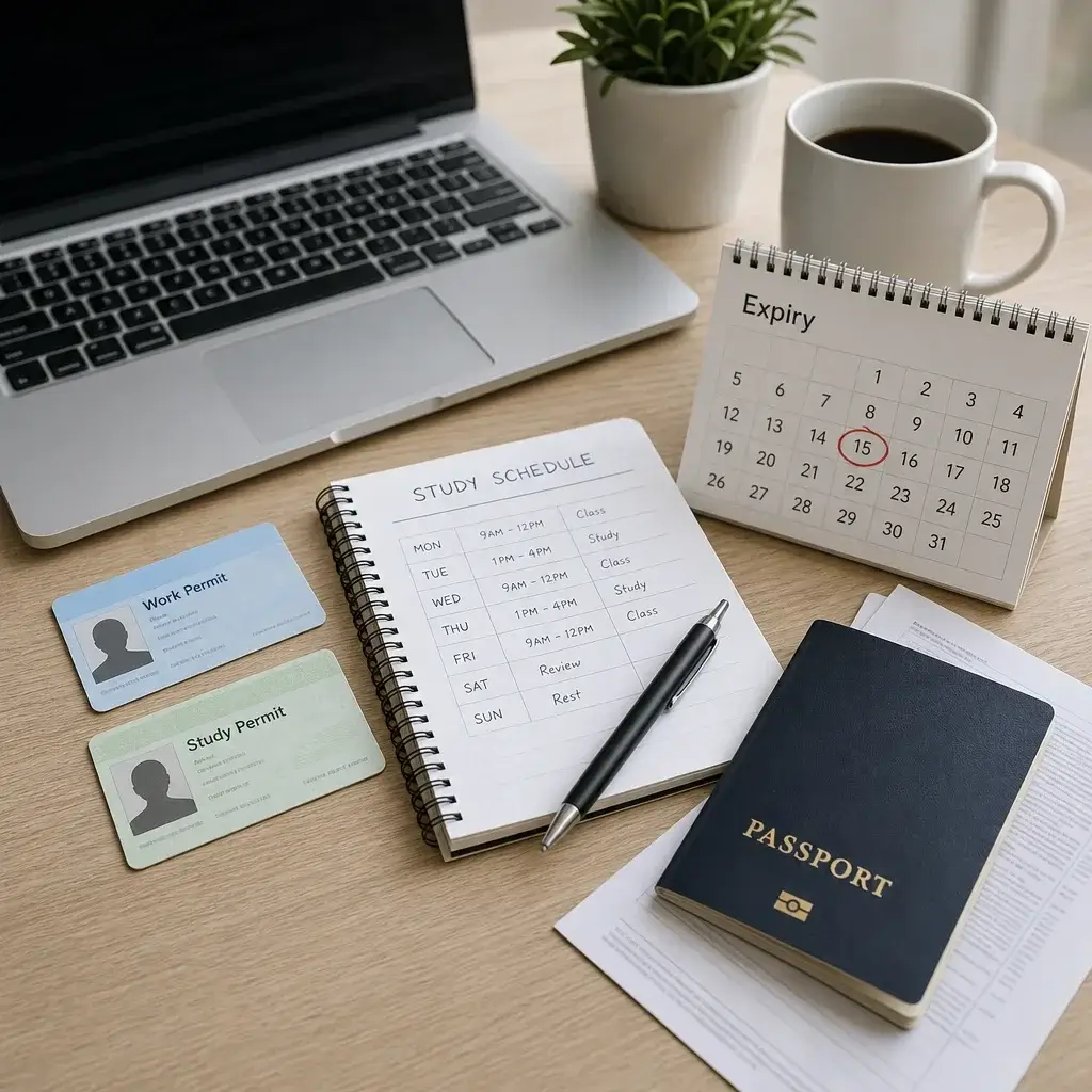 Permanent Residence After Divorce in Canada: What Changes and What Doesn’t 9 Temporary immigration documents and an expiry calendar showing status pressure after separation.