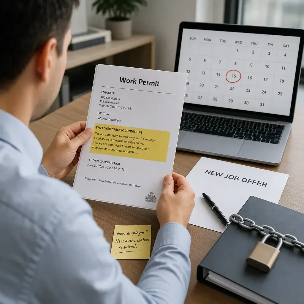 Closed LMIA-Exempt Work Permits in Canada: Who Qualifies and How to Apply 8 A worker reviewing permit restrictions before changing employers.