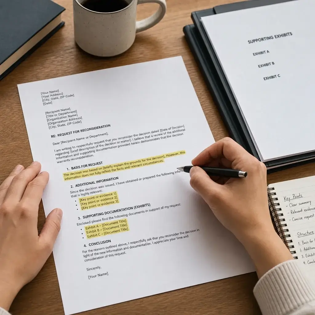 IRCC Reconsideration Request After Refusal: Process, Timing & Next Steps 4 Hands drafting a structured reconsideration letter with supporting documents on a desk.