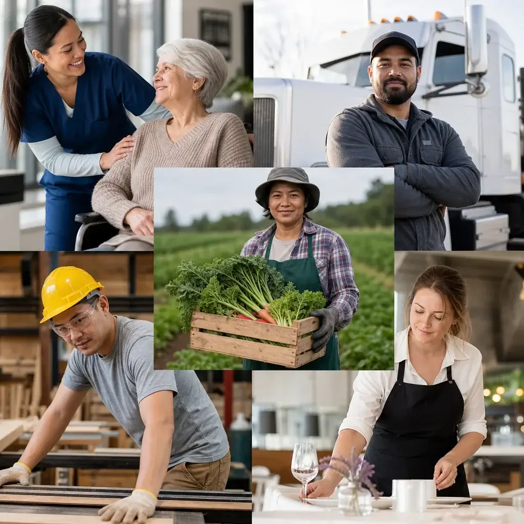 LMIA Approved Employers in Canada: How to Find Real Opportunities 5 A collage showing sectors such as healthcare, agriculture, trucking, trades, and hospitality.