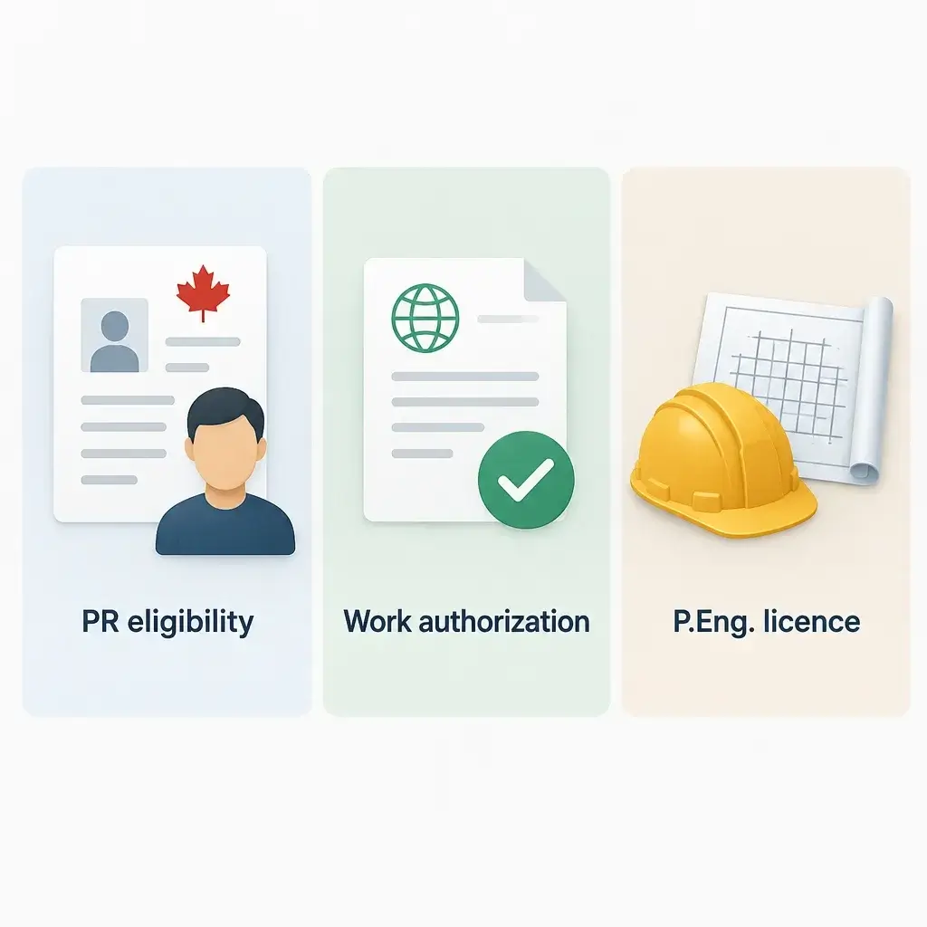 Canadian Immigration for Engineers: PR, Work Permits and P.Eng. 2 Diagram distinguishing permanent residence eligibility, permission to work, and professional engineering licensure.