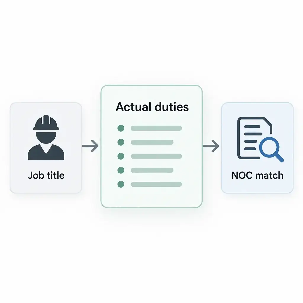 Canadian Immigration for Engineers: PR, Work Permits and P.Eng. 1 Diagram emphasizing that an engineer’s actual duties, rather than job title alone, guide NOC selection.