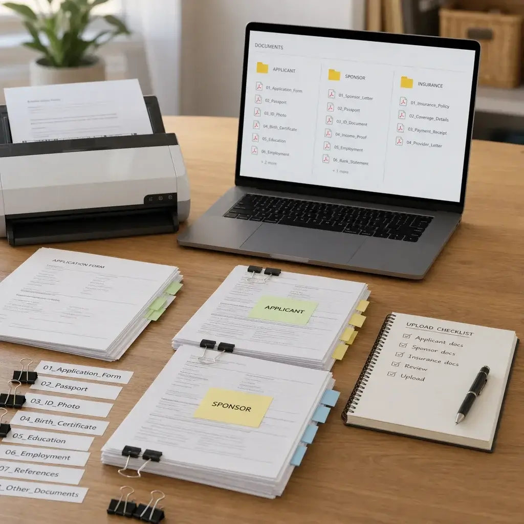Super Visa Document Checklist for Parents & Grandparents (2026) 4 A neatly organized document workflow with folders, labels, and scanning for online submission.