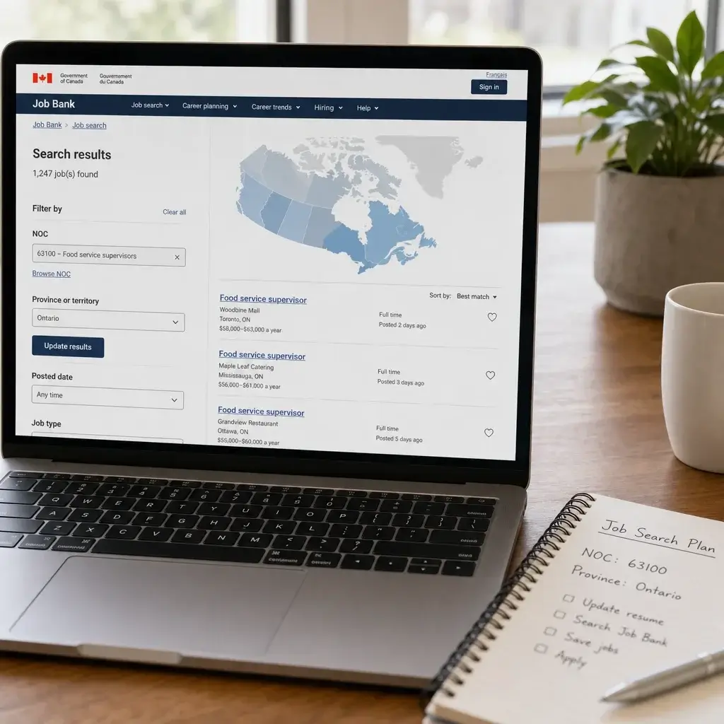 LMIA Approved Employers in Canada: How to Find Real Opportunities 6 A job search interface using NOC codes and province filters alongside a Canada map.
