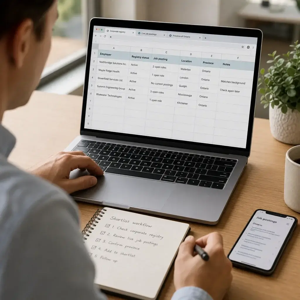 LMIA Approved Employers in Canada: How to Find Real Opportunities 1 A job seeker comparing employer records and job postings in a research workflow.