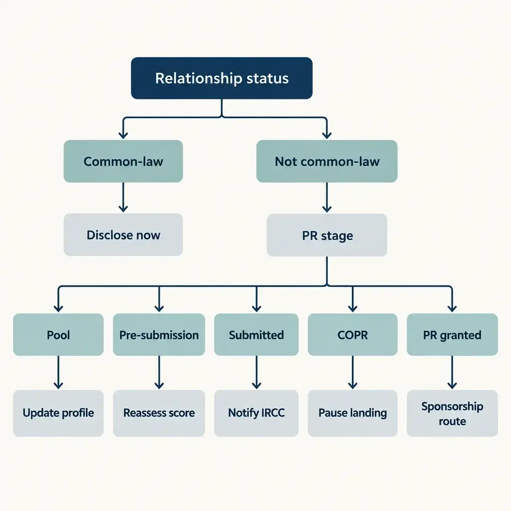 Getting Married While Your PR Application Is in Process: What to Do 1 Decision tree showing immigration steps based on relationship status and PR application stage.