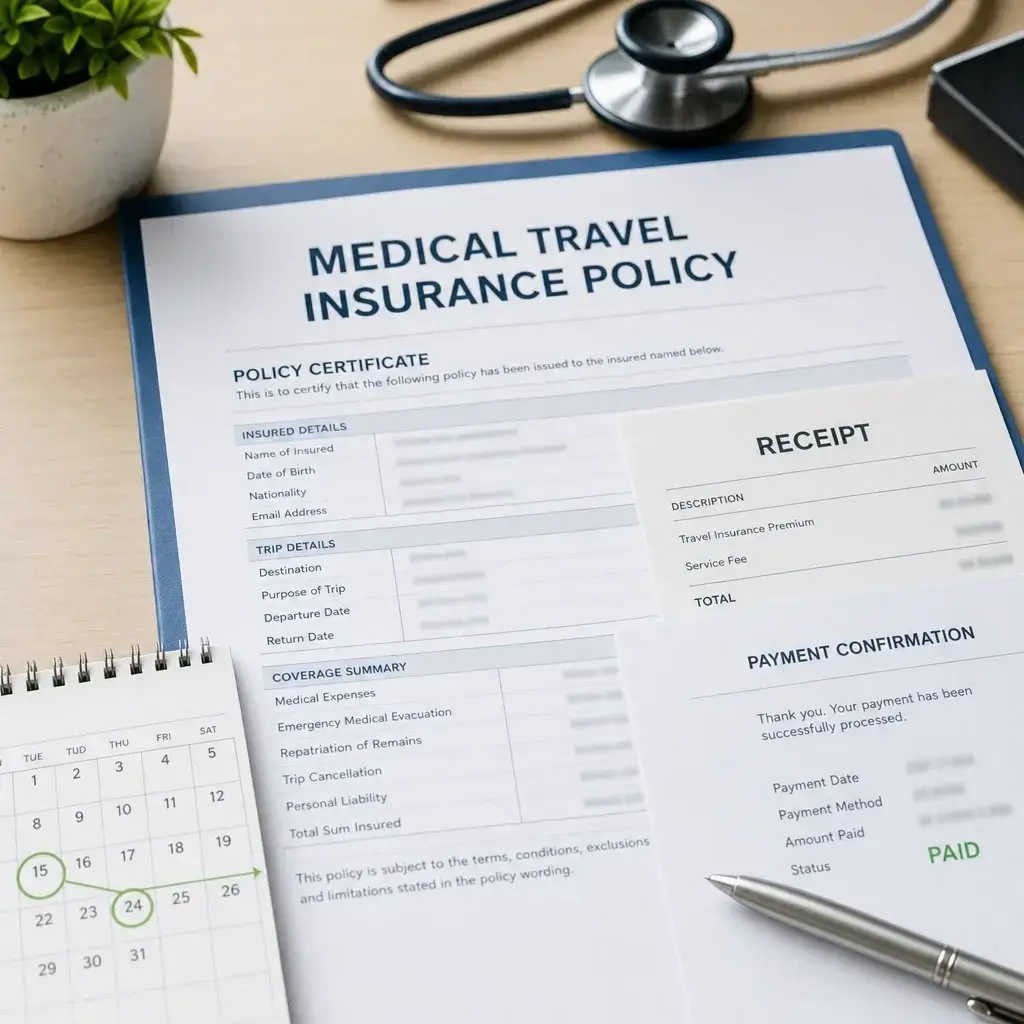 Super Visa Document Checklist for Parents & Grandparents (2026) 3 Medical insurance policy documents and receipt arranged beside a calendar to show coverage dates.