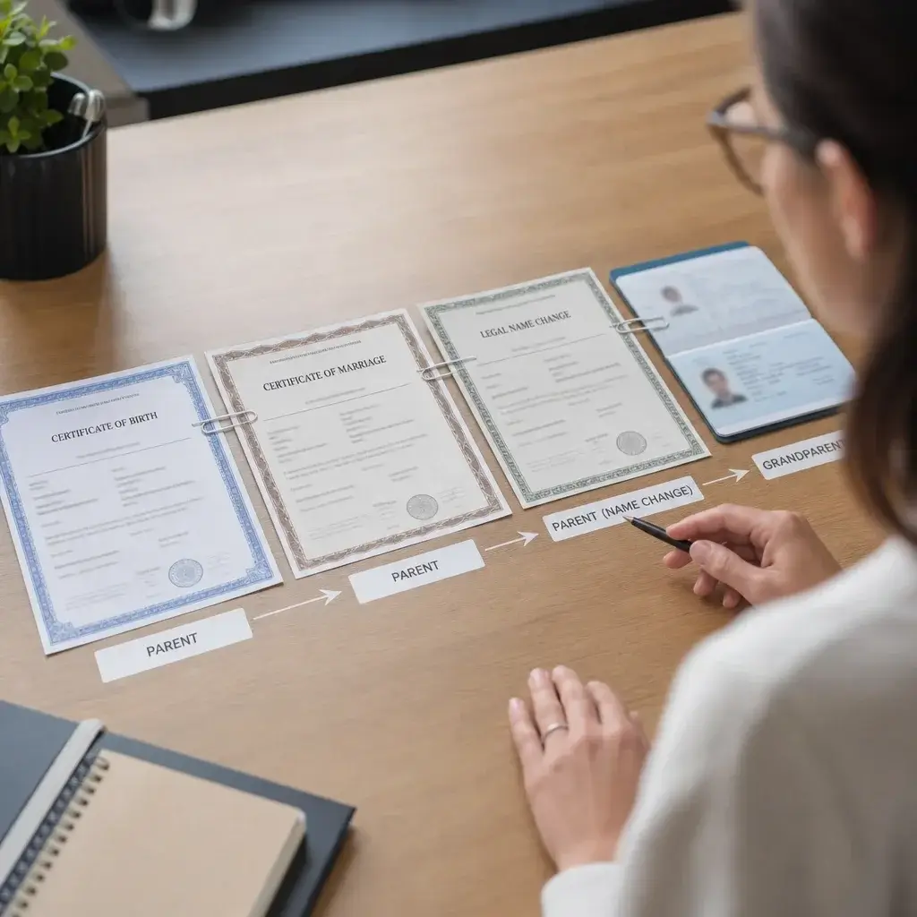 Super Visa Document Checklist for Parents & Grandparents (2026) 1 Civil documents laid out to show how a family relationship chain is proven.