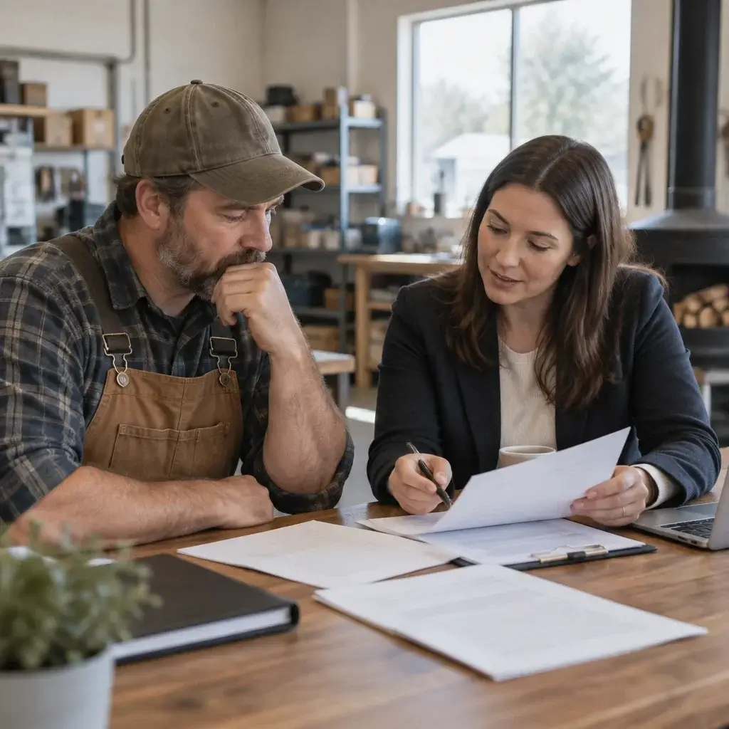 RNIP Process in Canada: Eligibility, Steps and the RCIP Pathway 2 A rural business owner and community advisor review employer-designation paperwork together.