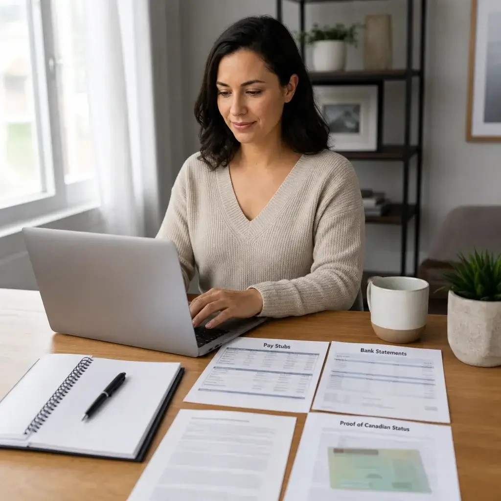 Super Visa Document Checklist for Parents & Grandparents (2026) 2 A sponsor’s desk with tax, pay stub, and status documents used to prove financial support and Canadian status.