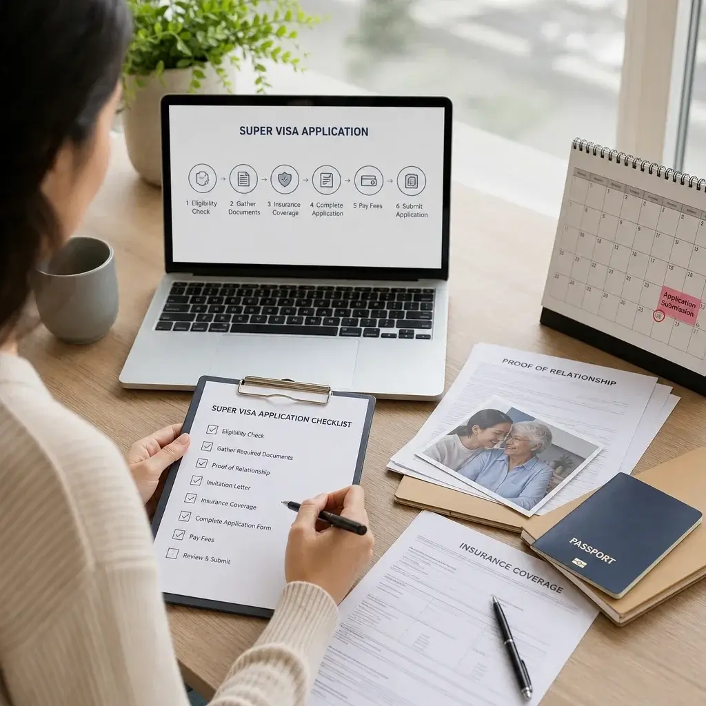 Super Visa Document Checklist for Parents & Grandparents (2026) 5 A desk setup showing the step-by-step planning of a Super Visa application.