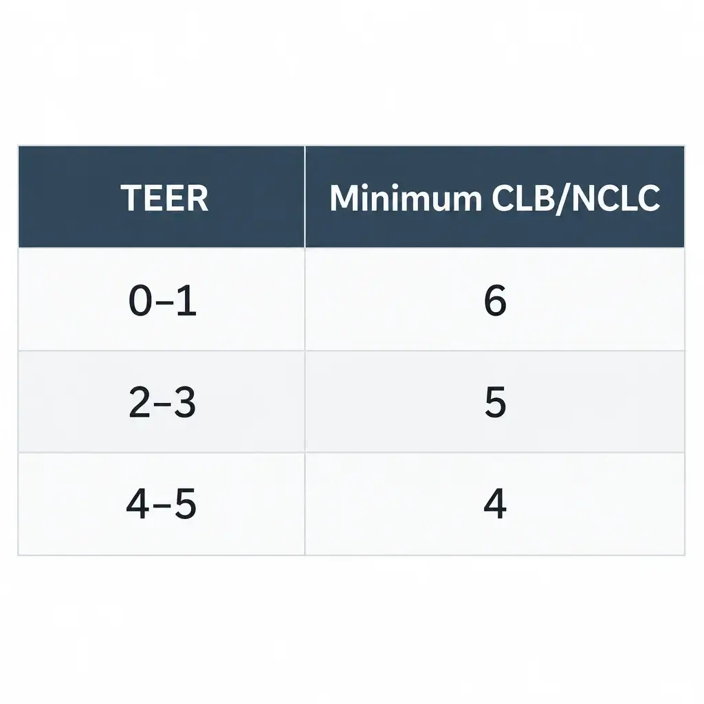 RNIP Process in Canada: Eligibility, Steps and the RCIP Pathway 1 Chart showing minimum CLB or NCLC scores of 6 for TEER 0–1, 5 for TEER 2–3, and 4 for TEER 4–5.